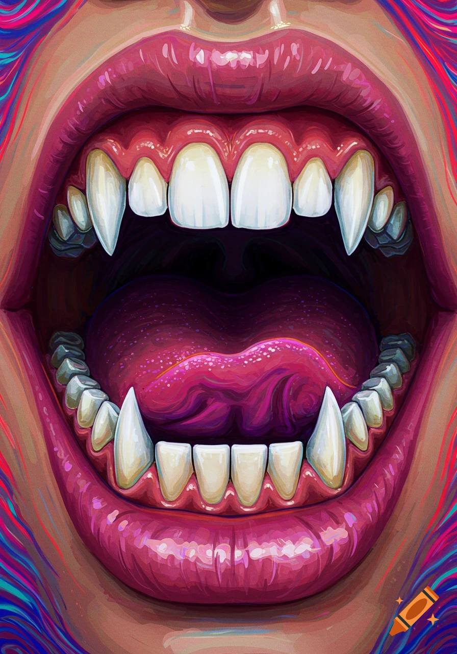 Close up of an open mouth with pink lips, sharp fangs, and a bright pink tongue in a psychedelic style.