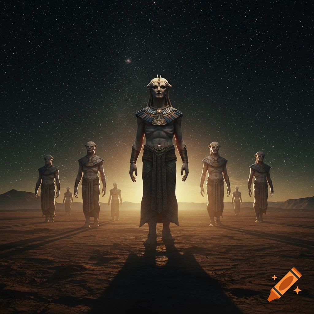 Photorealistic image of alien figures in ancient Egyptian attire standing in a desert under a starry night sky