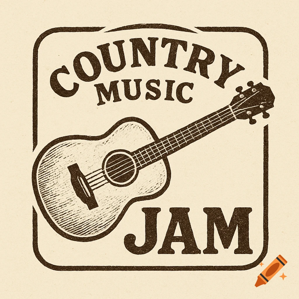 Vintage style logo drawing of a guitar with 'Country Music Jam' text