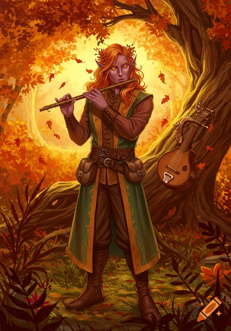 A male eladrin bard plays a flute in an autumn forest, a lute leans against a tree.
