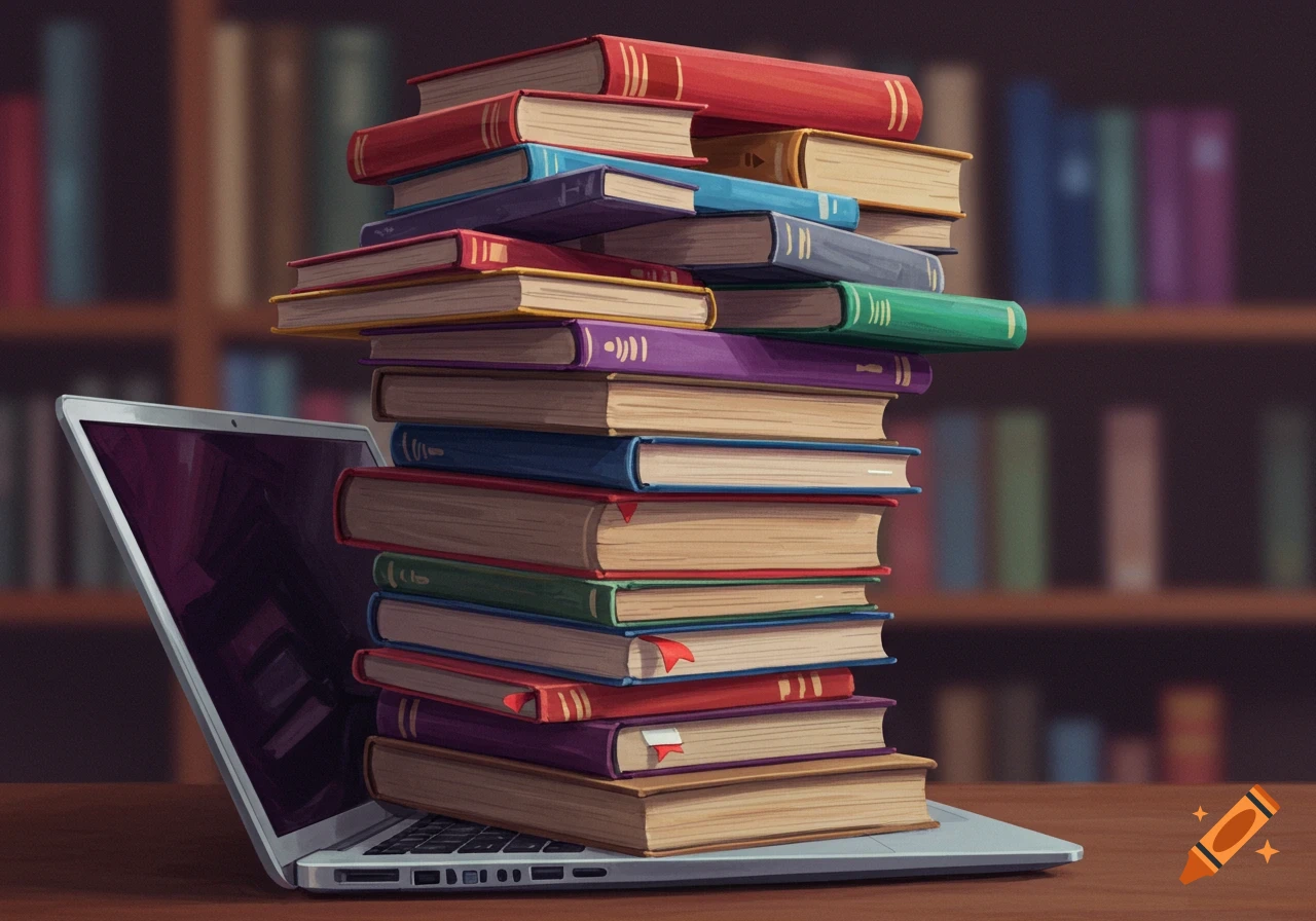 A tall stack of colorful books sits on a closed laptop keyboard, with a blurred library bookshelf background in an illustration style.