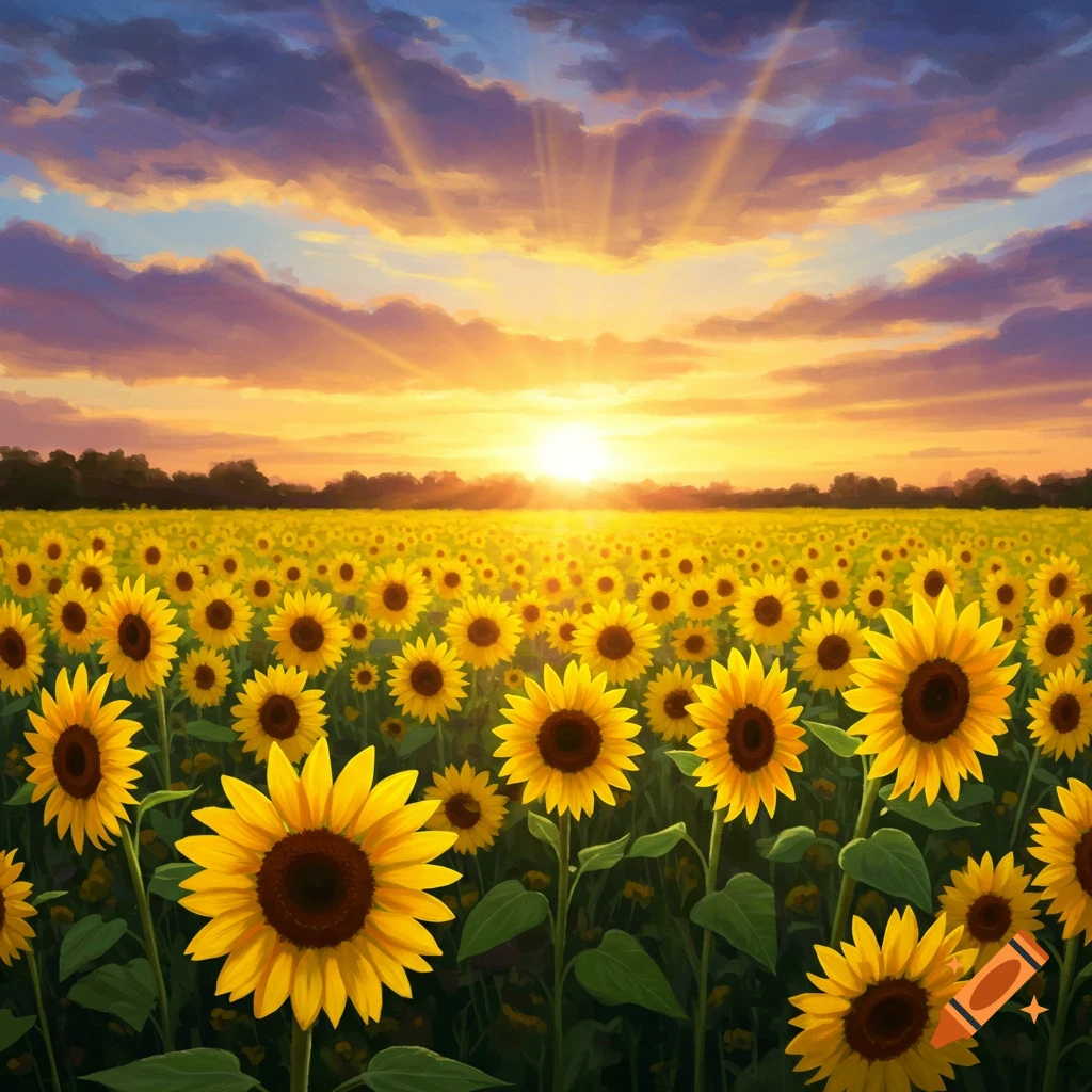 A vibrant field of sunflowers under a dramatic sunset sky in a painting style.
