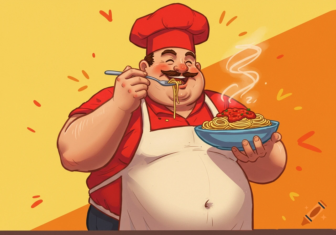 A happy cartoon chef in a red hat and white apron enthusiastically eats a plate of steaming spaghetti.