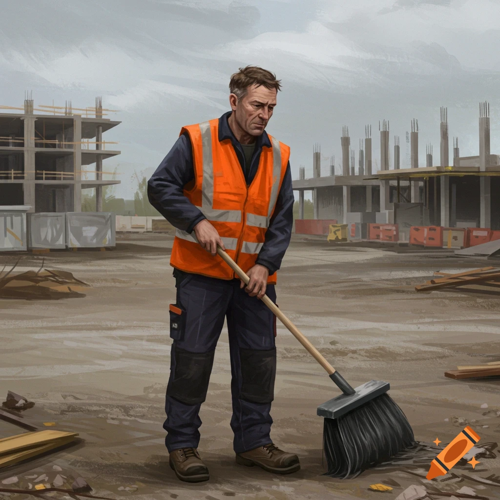 A man in a safety vest sweeps at a construction site
