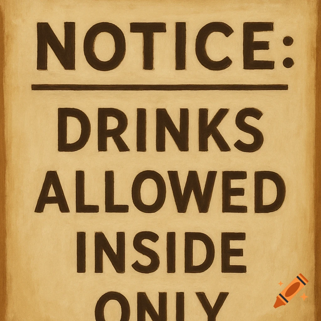 A painted sign that reads "NOTICE: DRINKS ALLOWED INSIDE ONLY".