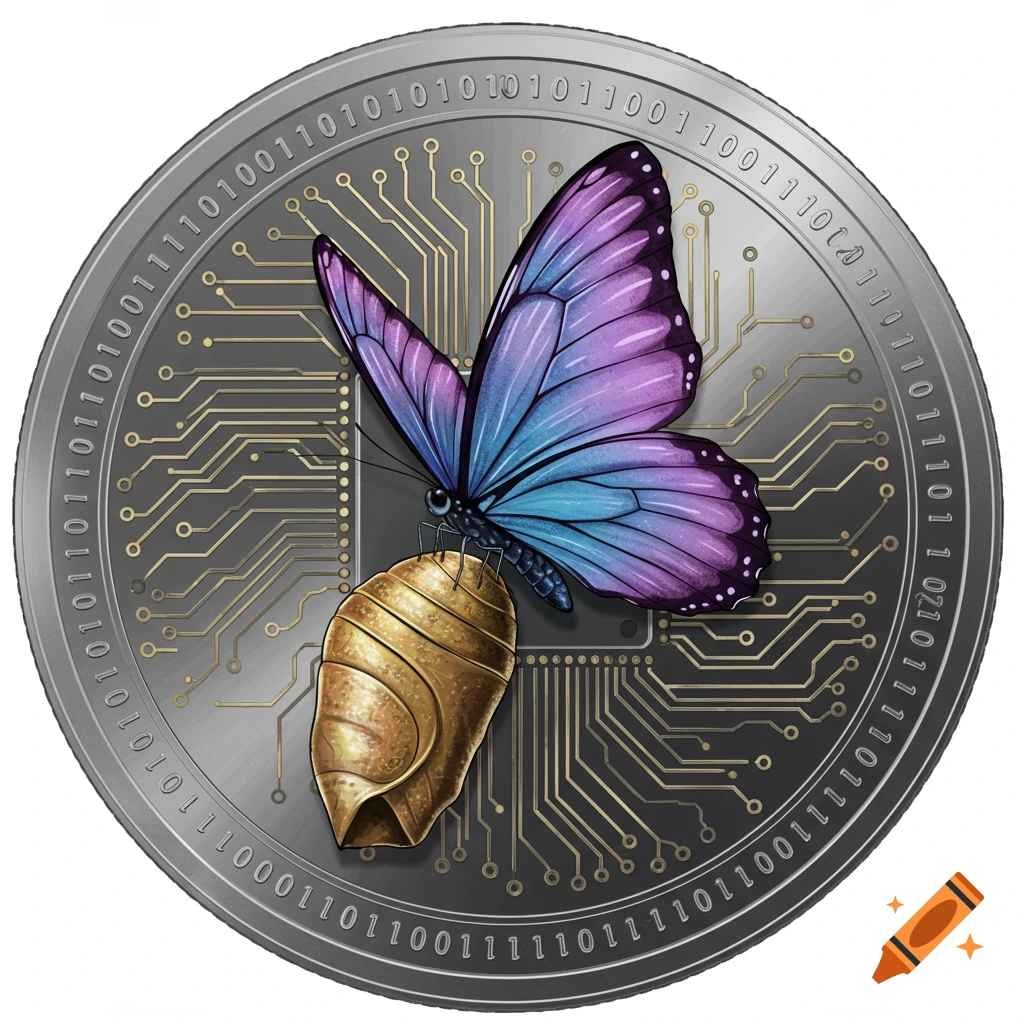 A silver coin with a circuit board background and a butterfly on a cocoon.