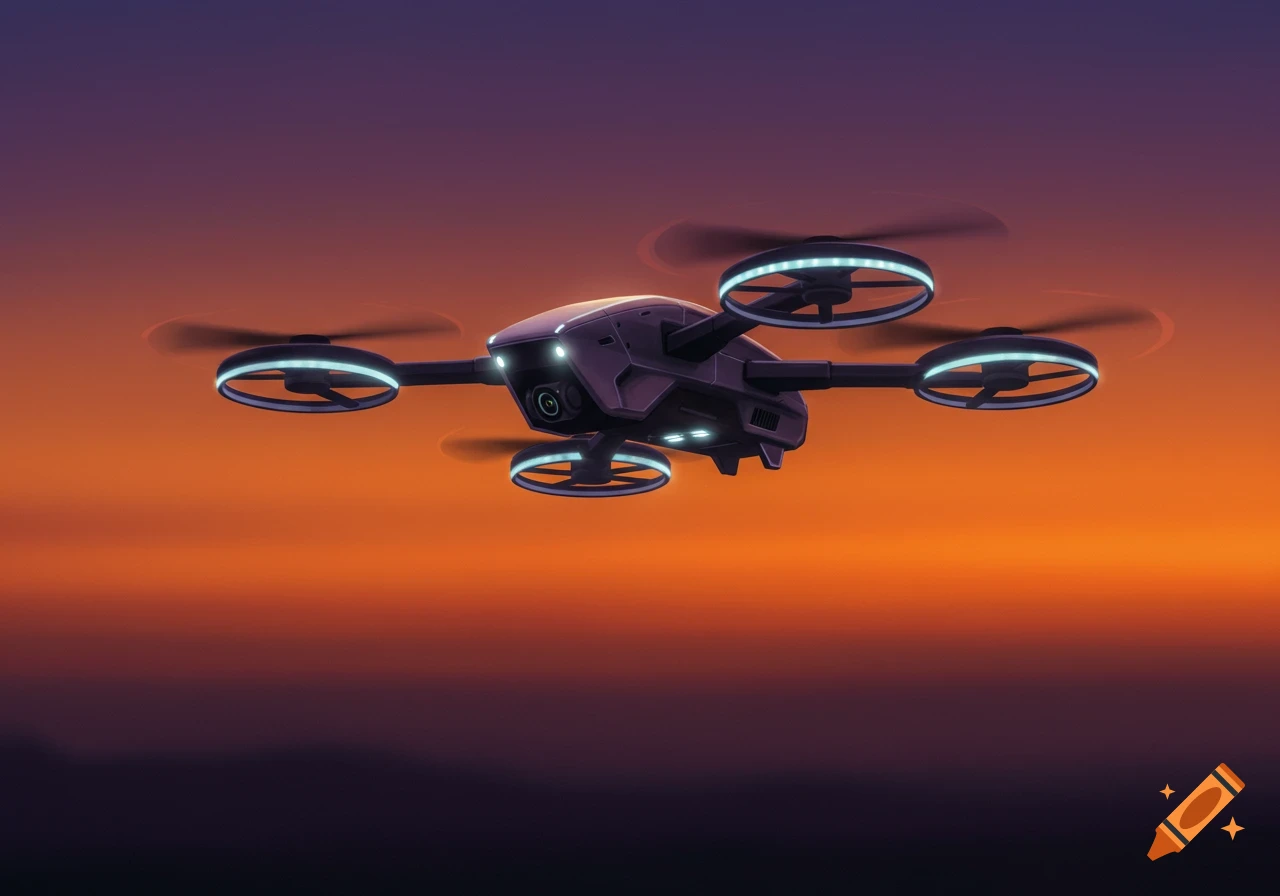 A drone flies against a dramatic orange and purple sunset sky.