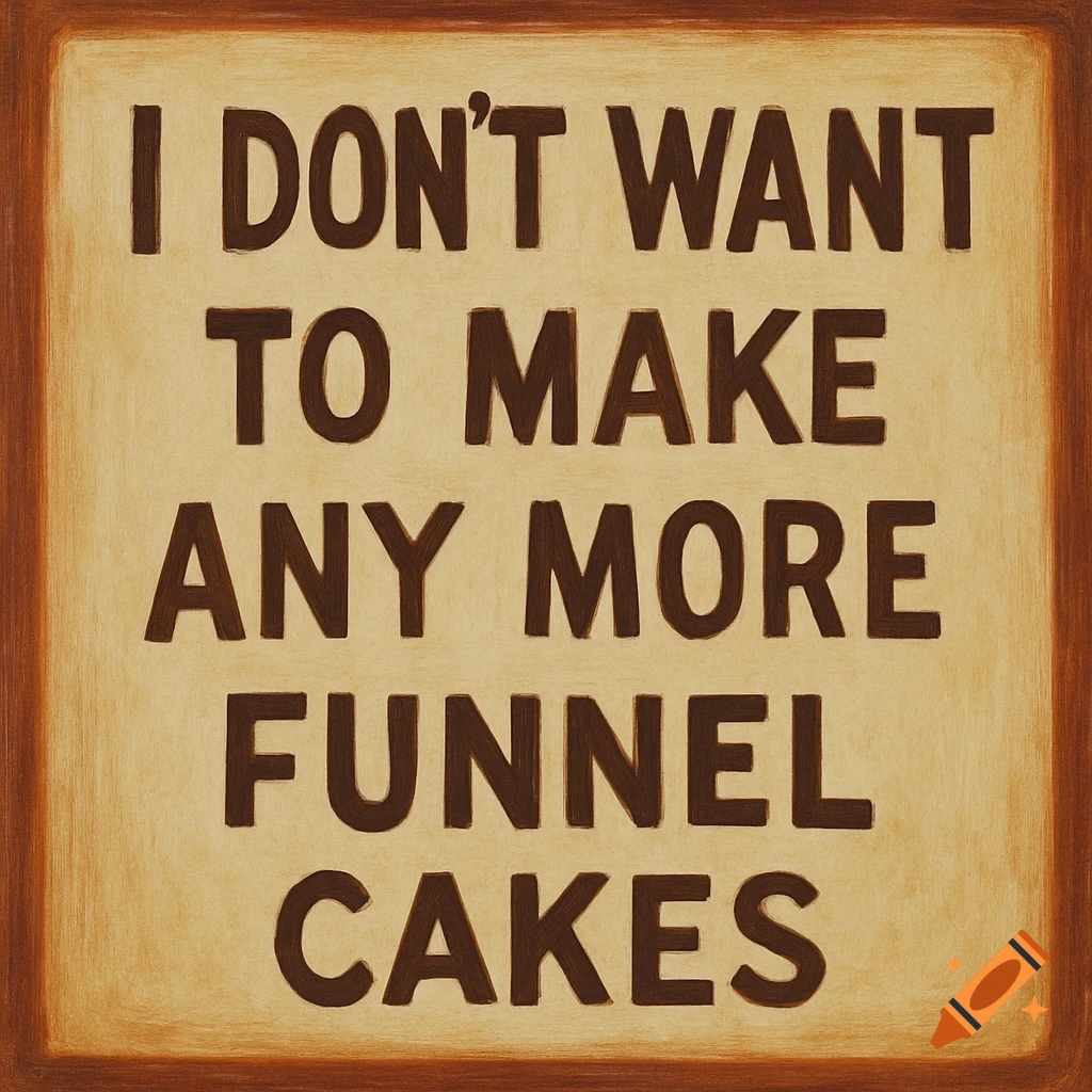 A textured sign with dark text that reads, 'I DON’T WANT TO MAKE ANY MORE FUNNEL CAKES.'