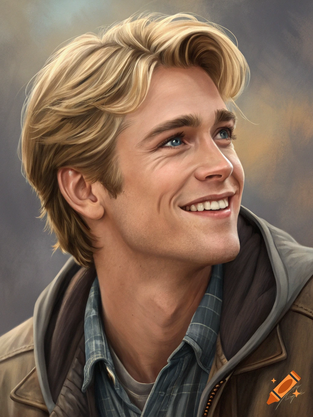 Portrait of a young man with blonde hair and blue eyes, smiling and looking up. He's wearing a brown jacket over a plaid shirt.