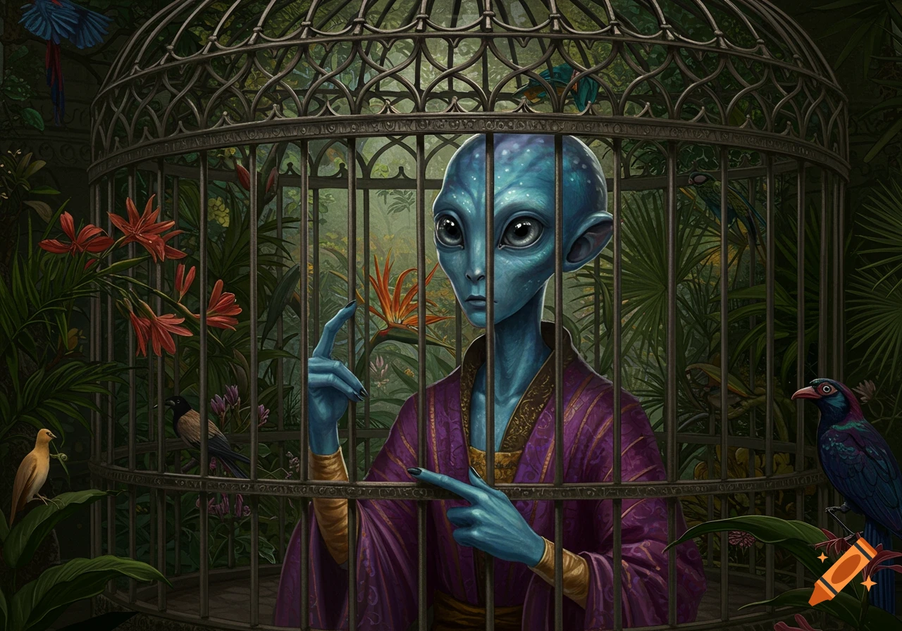 A blue alien creature with large eyes and long ears stands inside a decorative cage, surrounded by tropical plants and colorful birds.