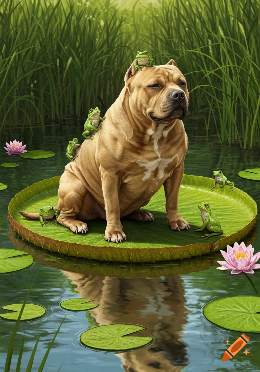 A tan pitbull dog sits on a large lily pad in a pond, surrounded by frogs, with tall grass in the background.