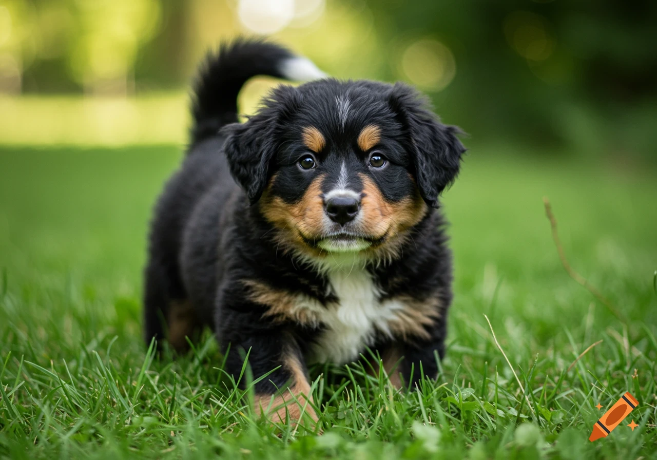 A black and tan puppy stands in green grass