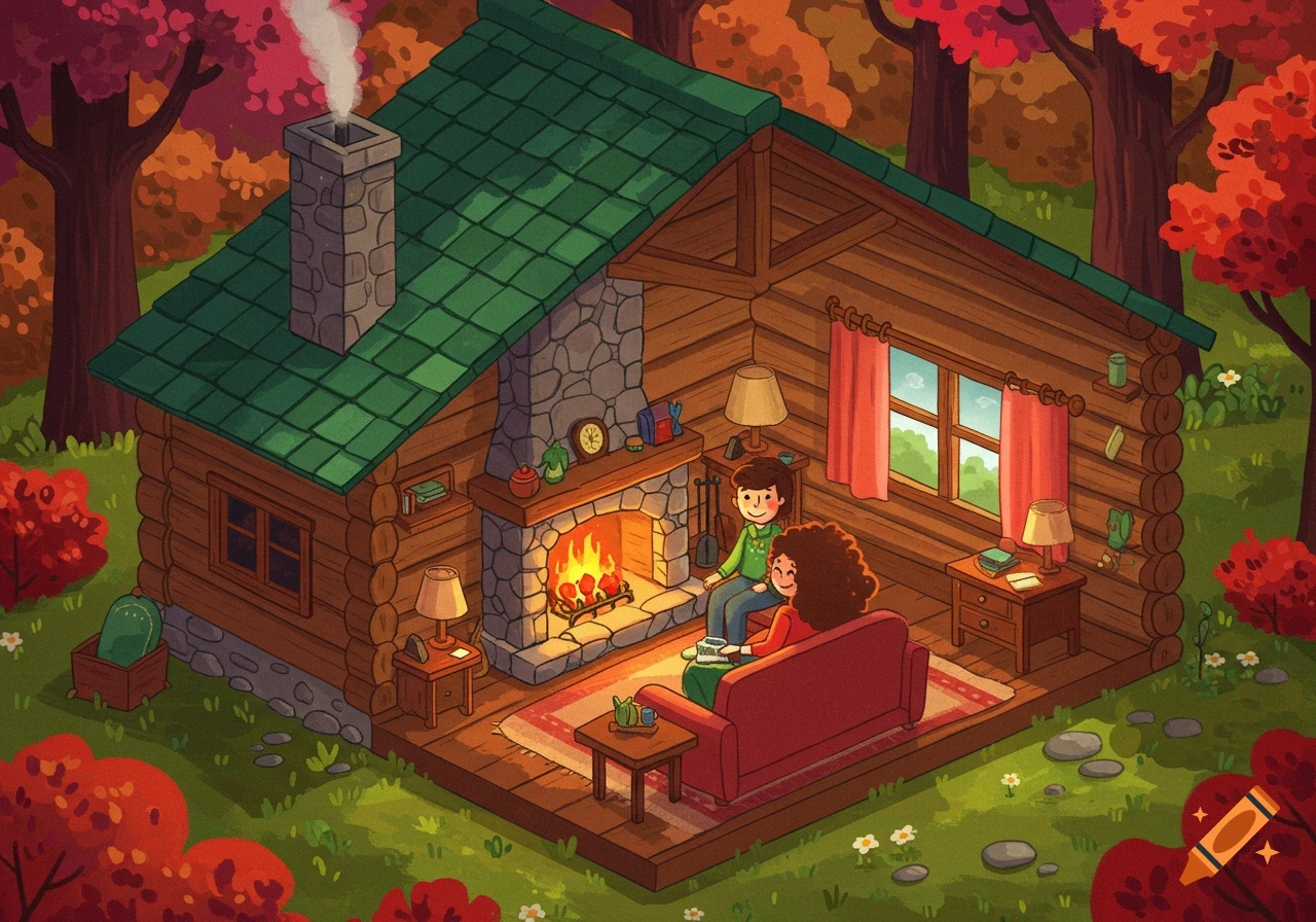 An isometric illustration of a couple inside a cozy log cabin in the autumn woods.