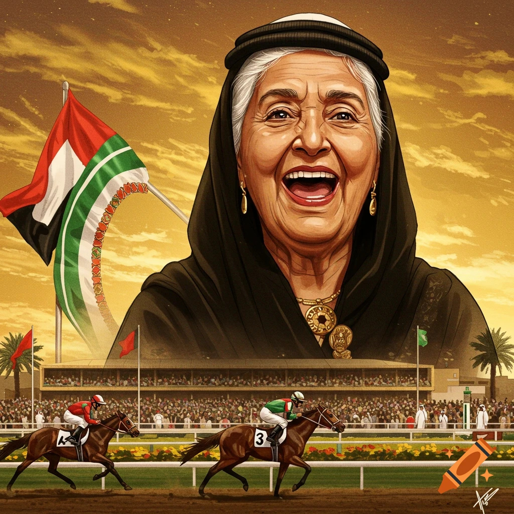 Illustration of a smiling elderly woman in traditional dress with a UAE flag behind her, overlooking a horse race.
