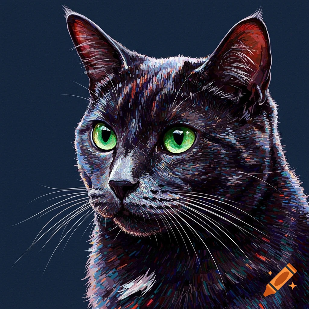 Mosaic art portrait of a black cat with green eyes