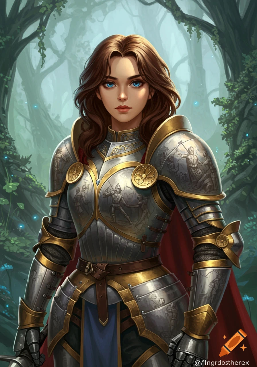 A young woman in ornate silver and gold plate armor stands in a forest.