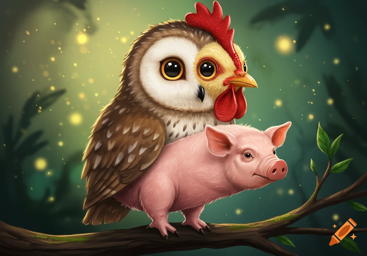 Cute illustration of a hybrid owl-chicken-pig creature sitting on a branch.