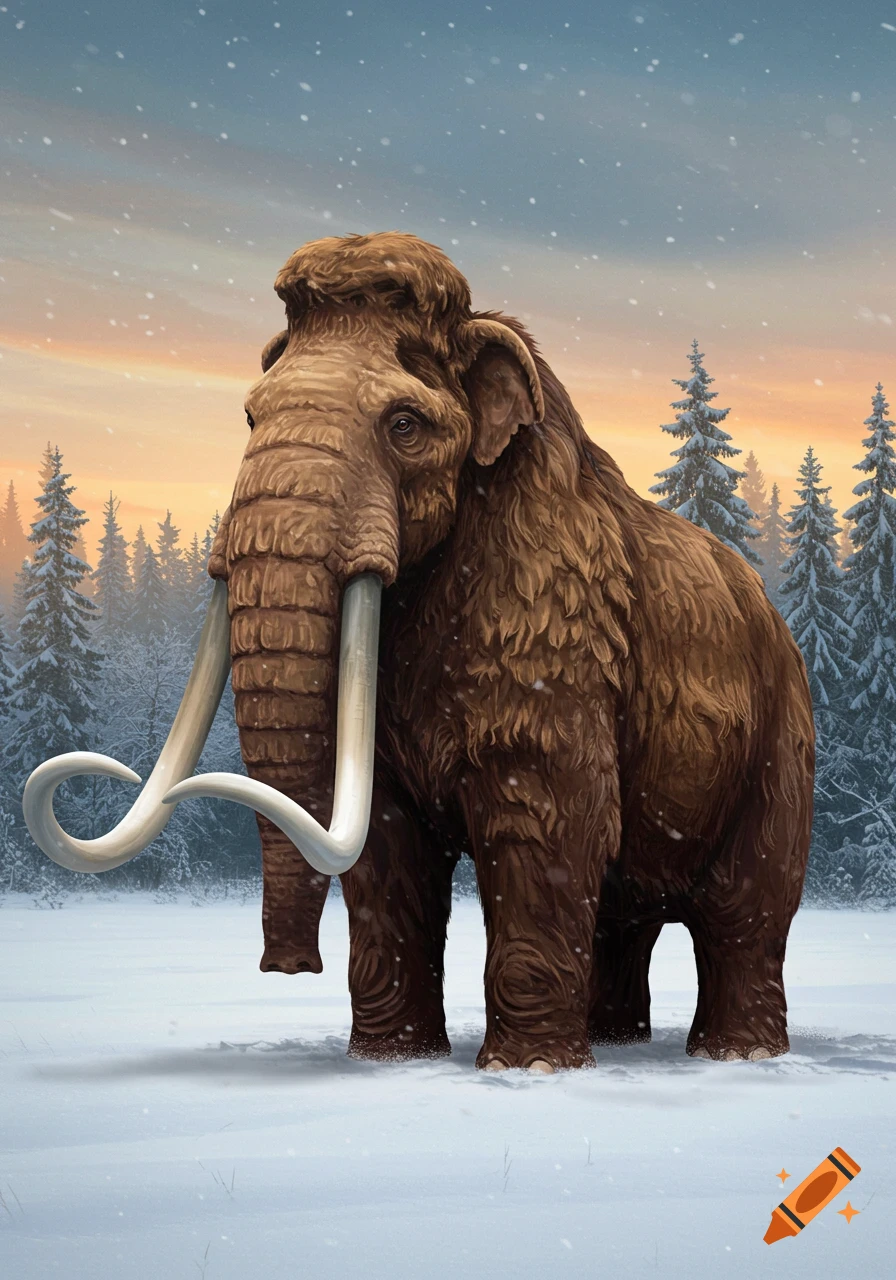 A large woolly mammoth stands in a snowy forest landscape at sunset.
