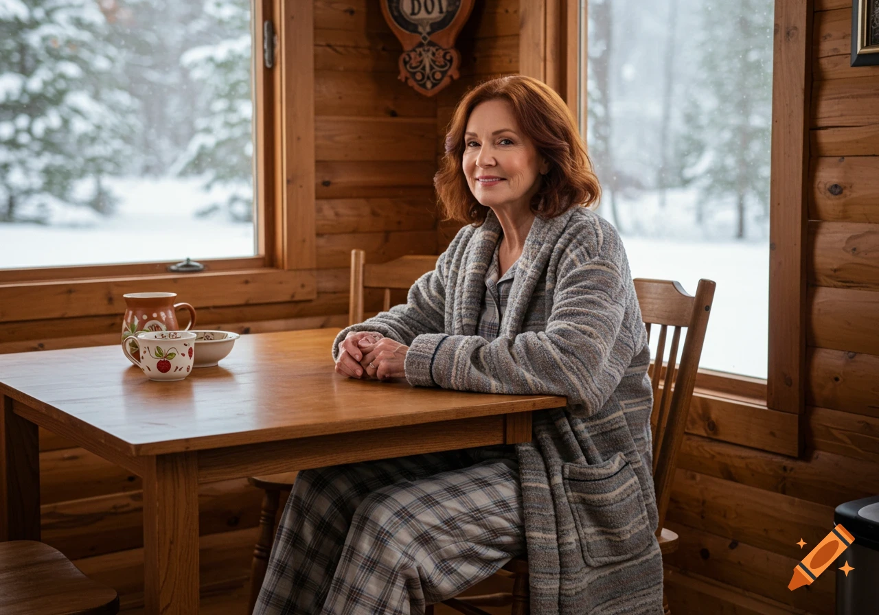 Woman with auburn hair sits at a table in a log cabin, wearing a robe, with snow outside.