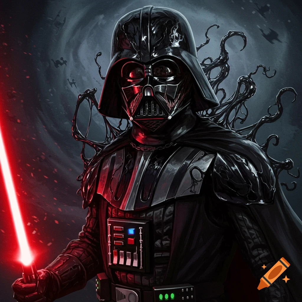 Venomized Darth Vader holding a red lightsaber in a stormy setting with ships
