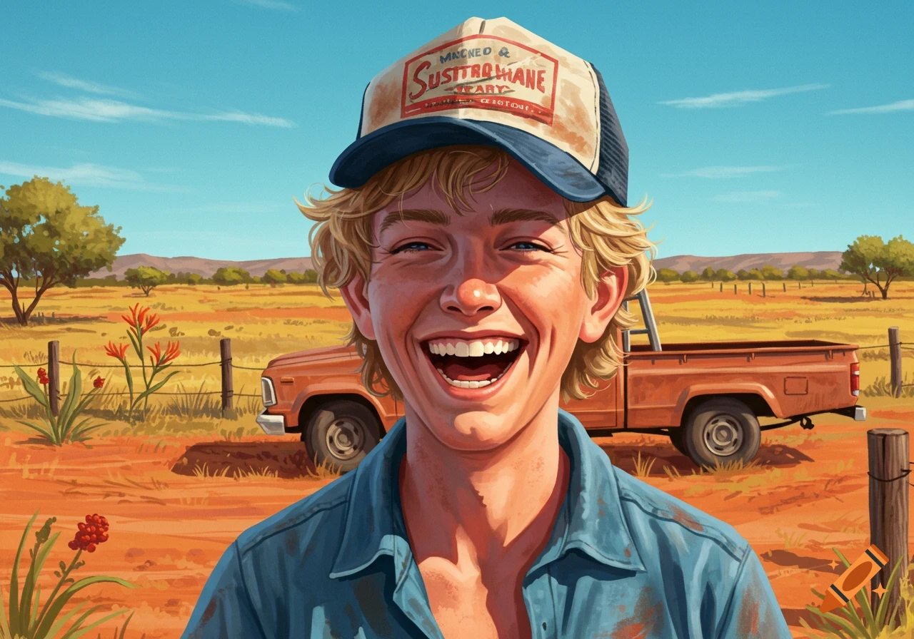 Illustration of a smiling young person in a trucker cap standing in a rural field with a pickup truck behind them.