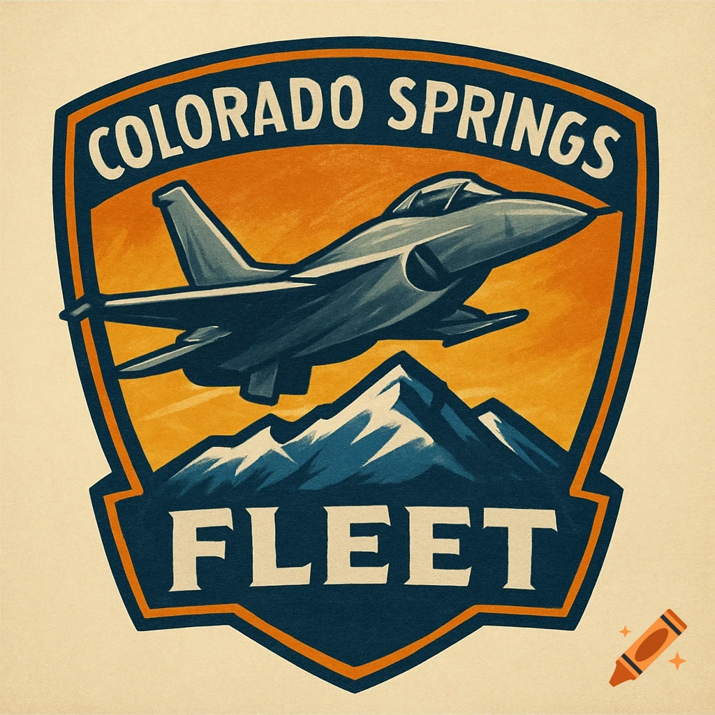 Shield logo with a military jet over mountains, text 'Colorado Springs Fleet'