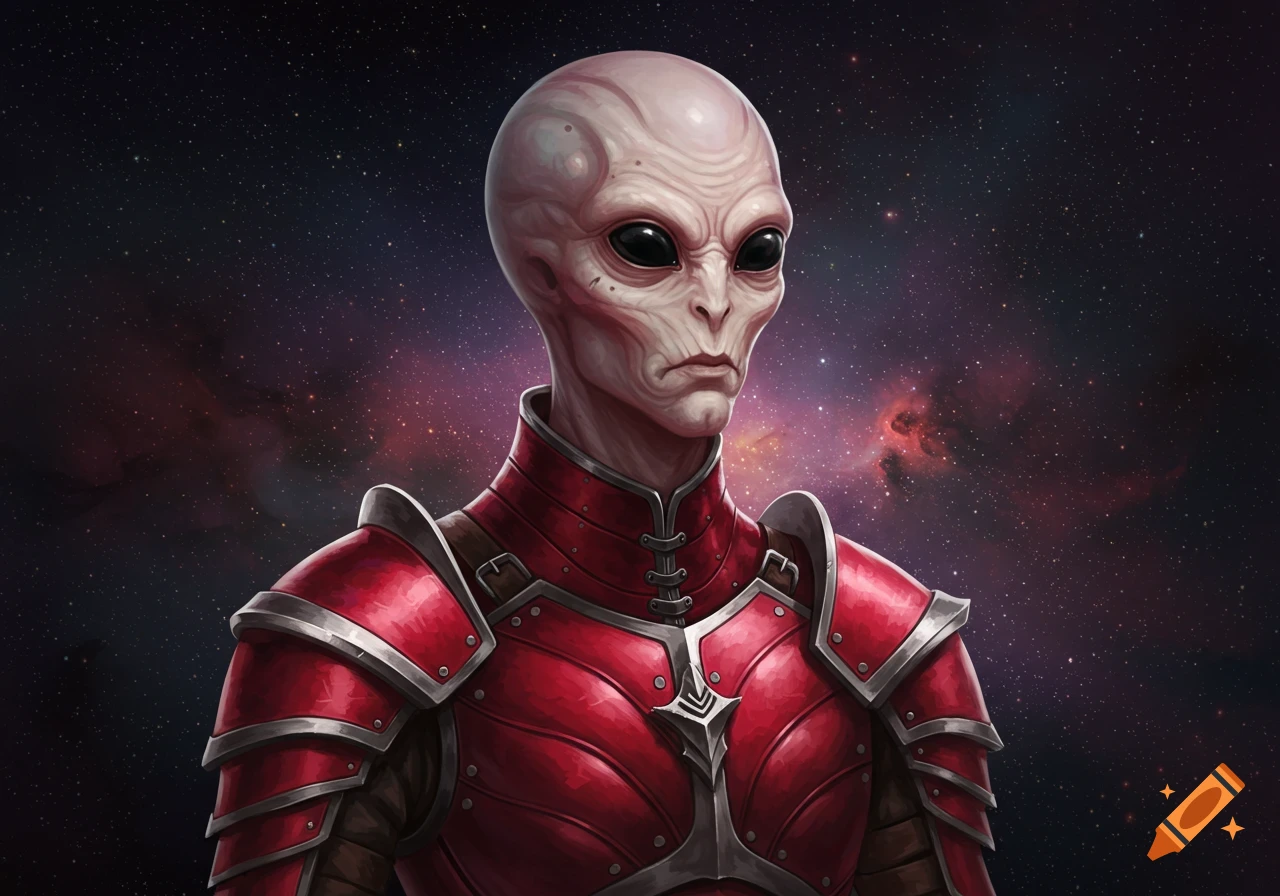 Humanoid alien in red armor against a starry space background
