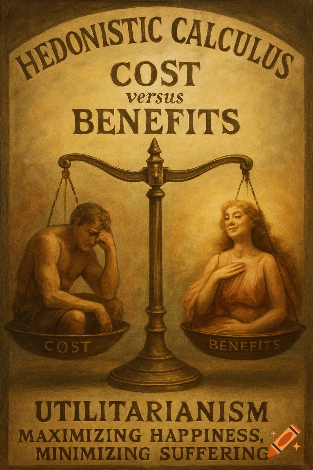 Scale balancing figures (Cost, Benefits) under text 'Hedonistic Calculus'. Below: 'Utilitarianism; Maximizing Happiness, Minimizing Suffering'. Stylized art.