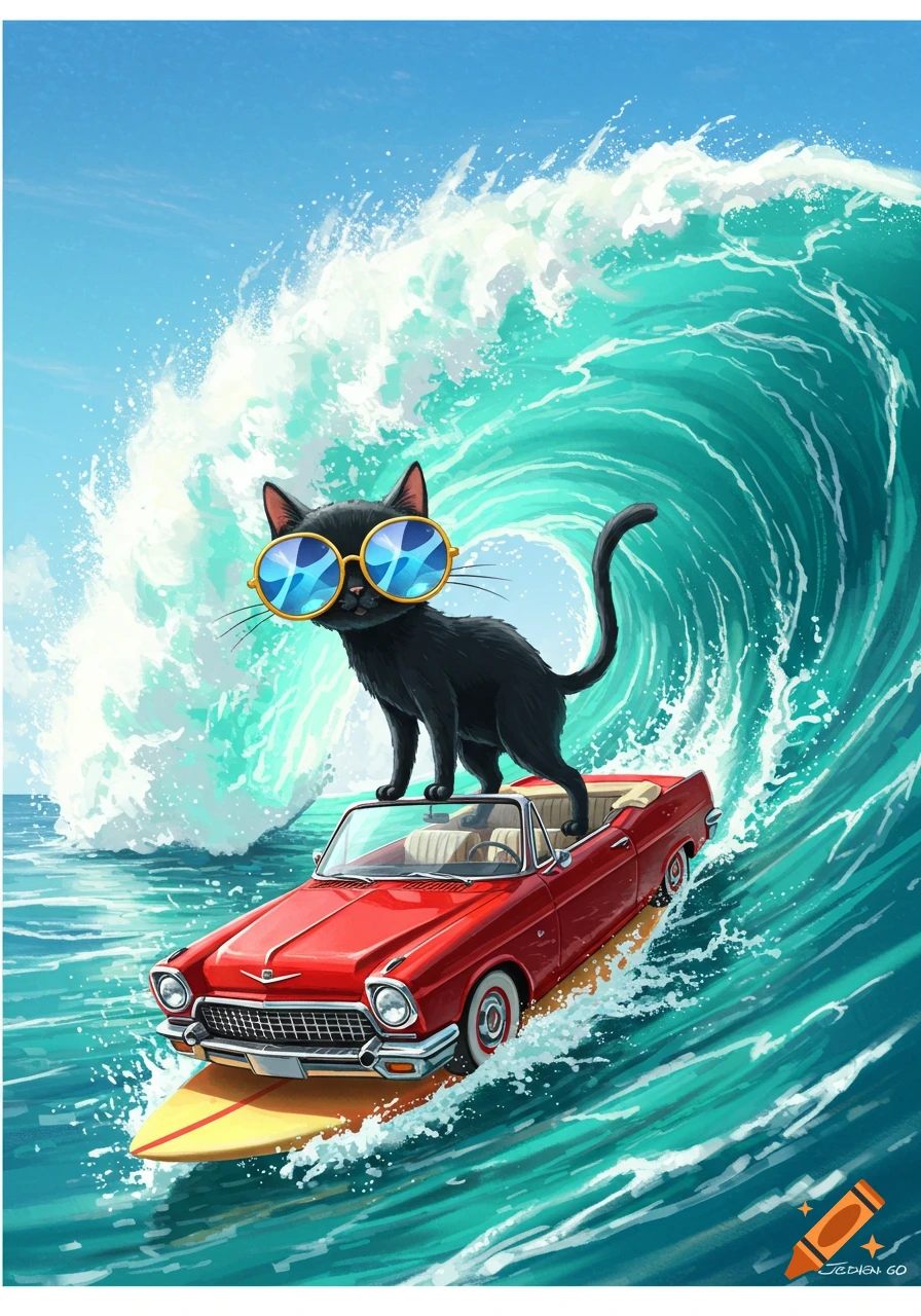 An illustration of a black cat wearing sunglasses, standing on a red convertible car surfing a large ocean wave.