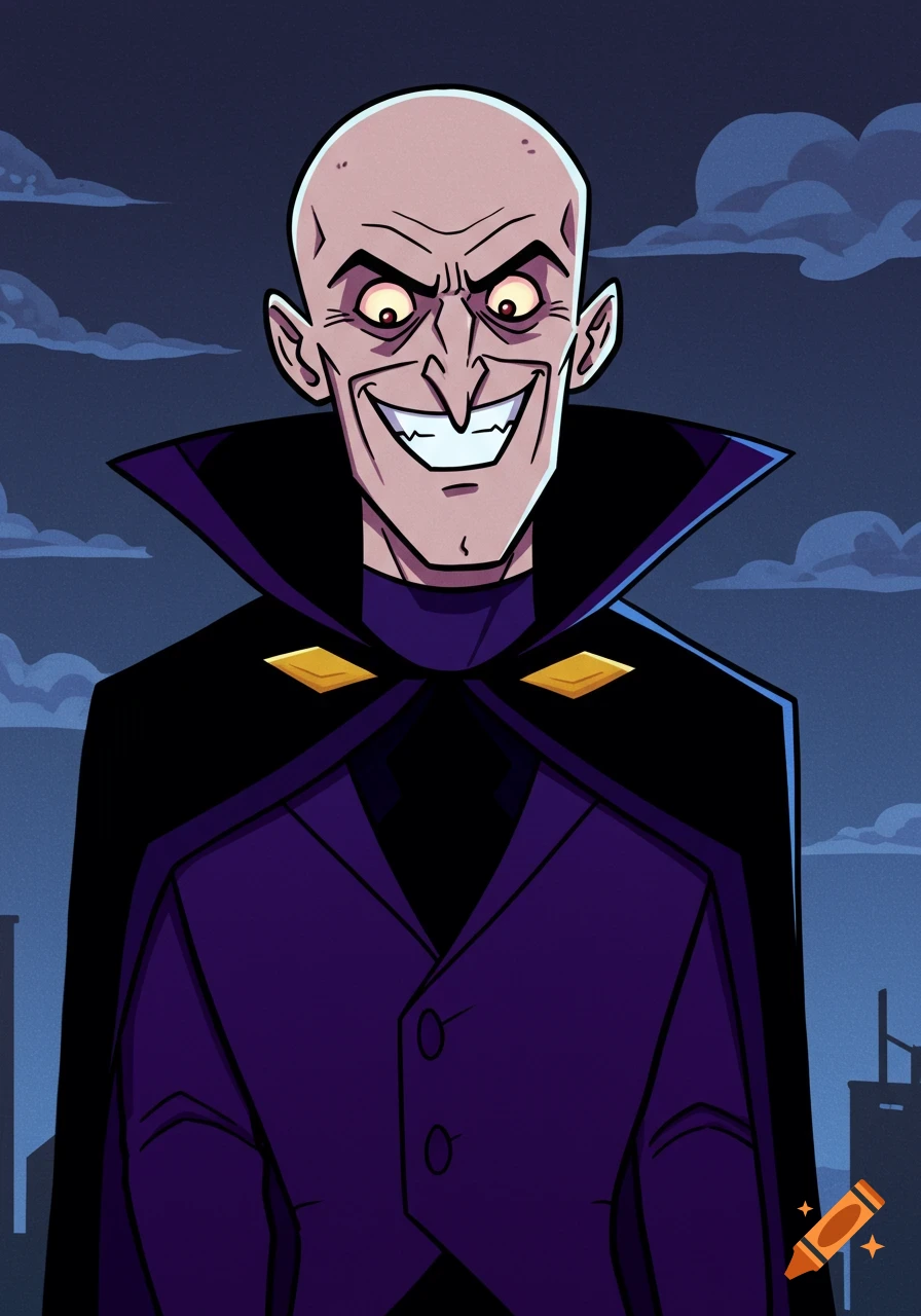 Cartoon portrait of a smirking bald villain in a cape against a dark city skyline.