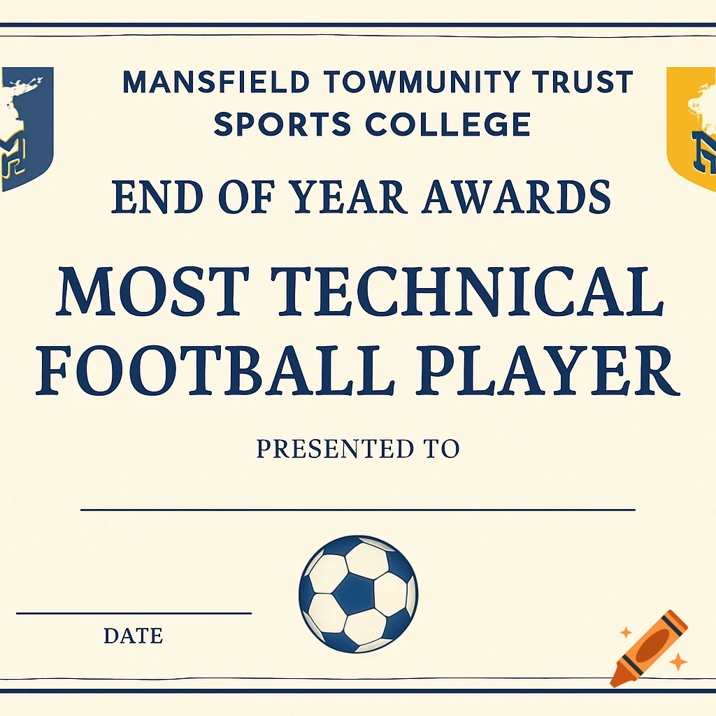 A printable certificate for Most Technical Football Player award.