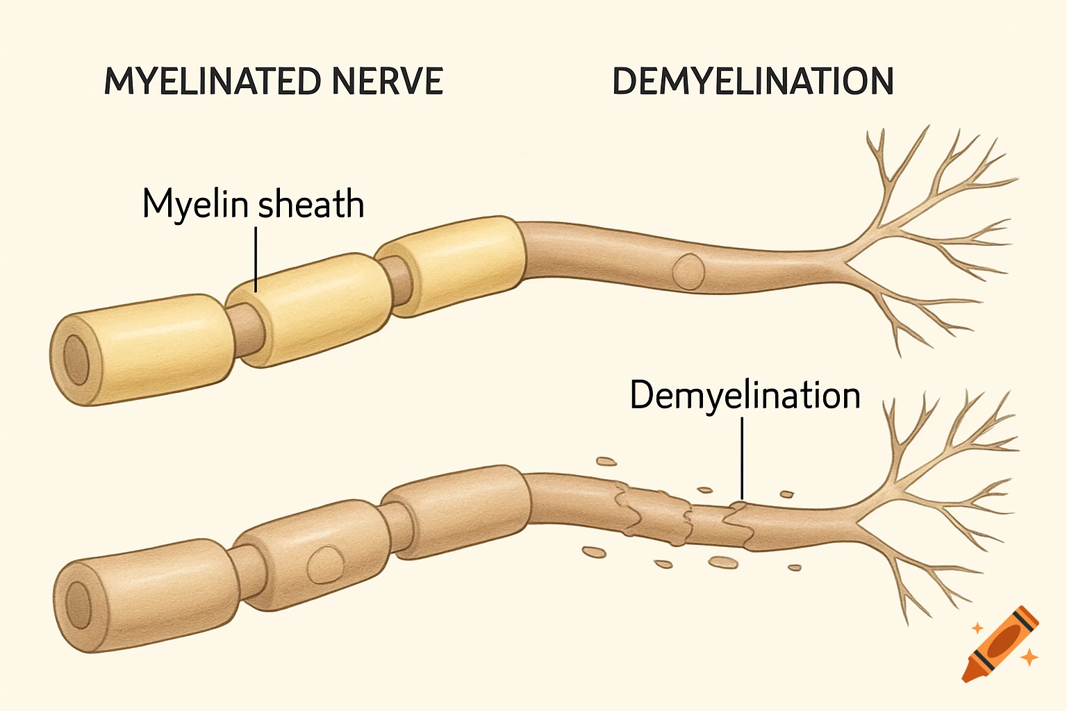 Illustration comparing a healthy myelinated nerve to a nerve undergoing demyelination.