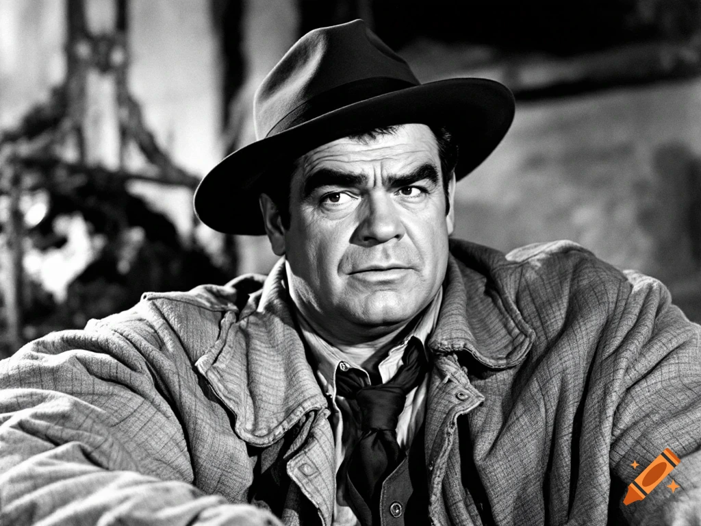 Black and white close-up portrait of actor Ernest Borgnine wearing a hat and coat.