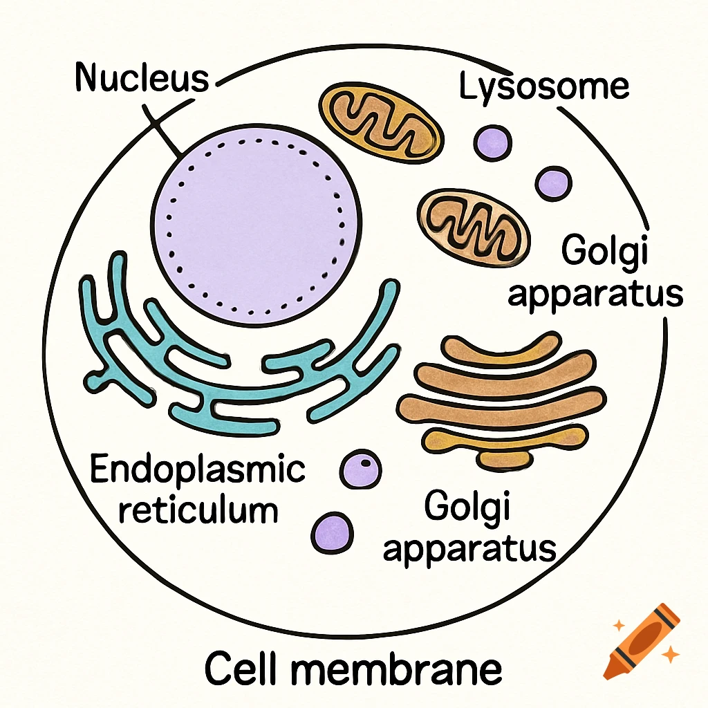 Diagram of an animal cell with nucleus, mitochondria, endoplasmic reticulum, Golgi apparatus, lysosomes, and cell membrane labeled.