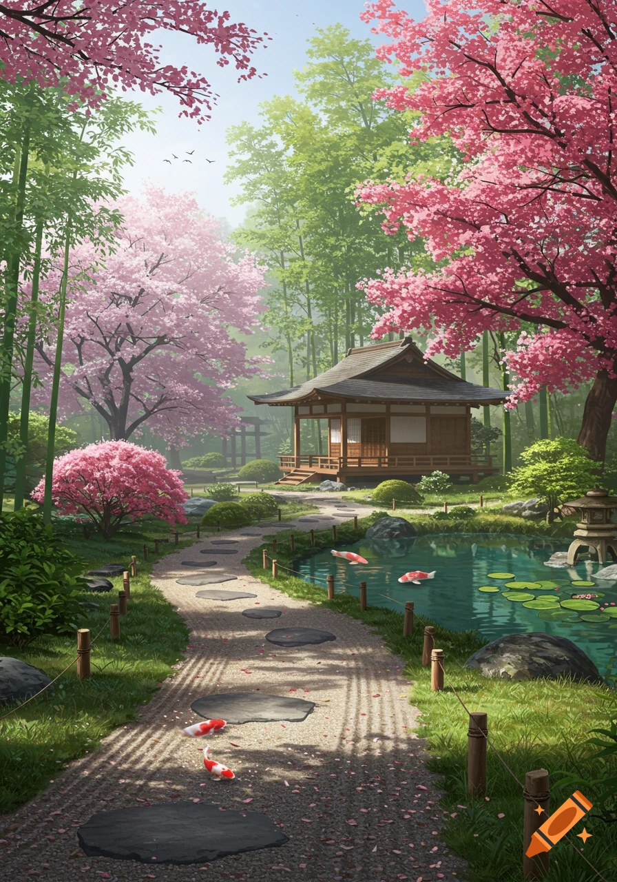 A picturesque Japanese garden with cherry blossoms, a pond with koi fish, a stone path, and a traditional wooden building.