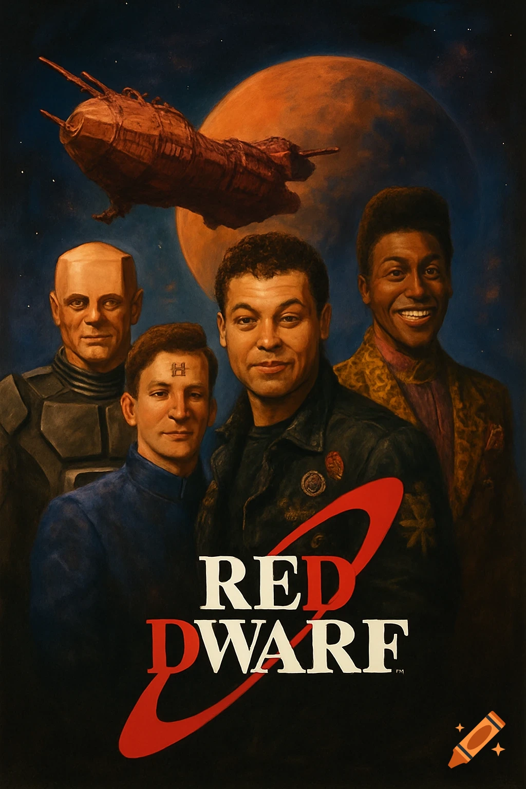 Painting of the Red Dwarf crew, ship, and planet with the title text.
