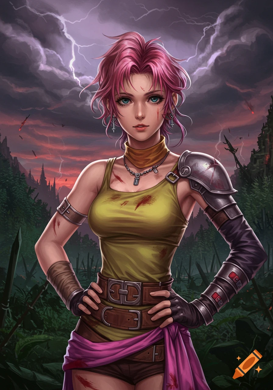 A female warrior with pink hair and armor stands in a stormy, dark fantasy landscape.