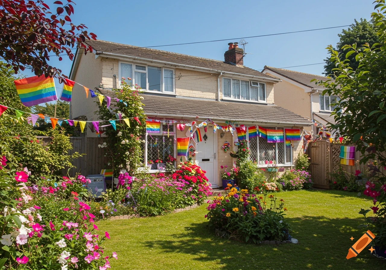 A house decorated with rainbow flags and bunting, set in a lush garden with many colorful flowers.