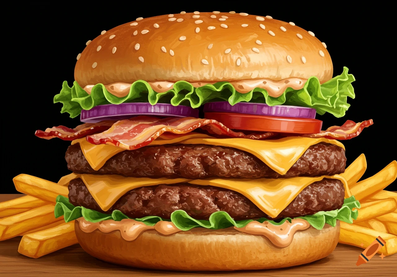 Close-up illustration of a large double cheeseburger with bacon, lettuce, cheese, vegetables, and sauce, with fries against a black background.