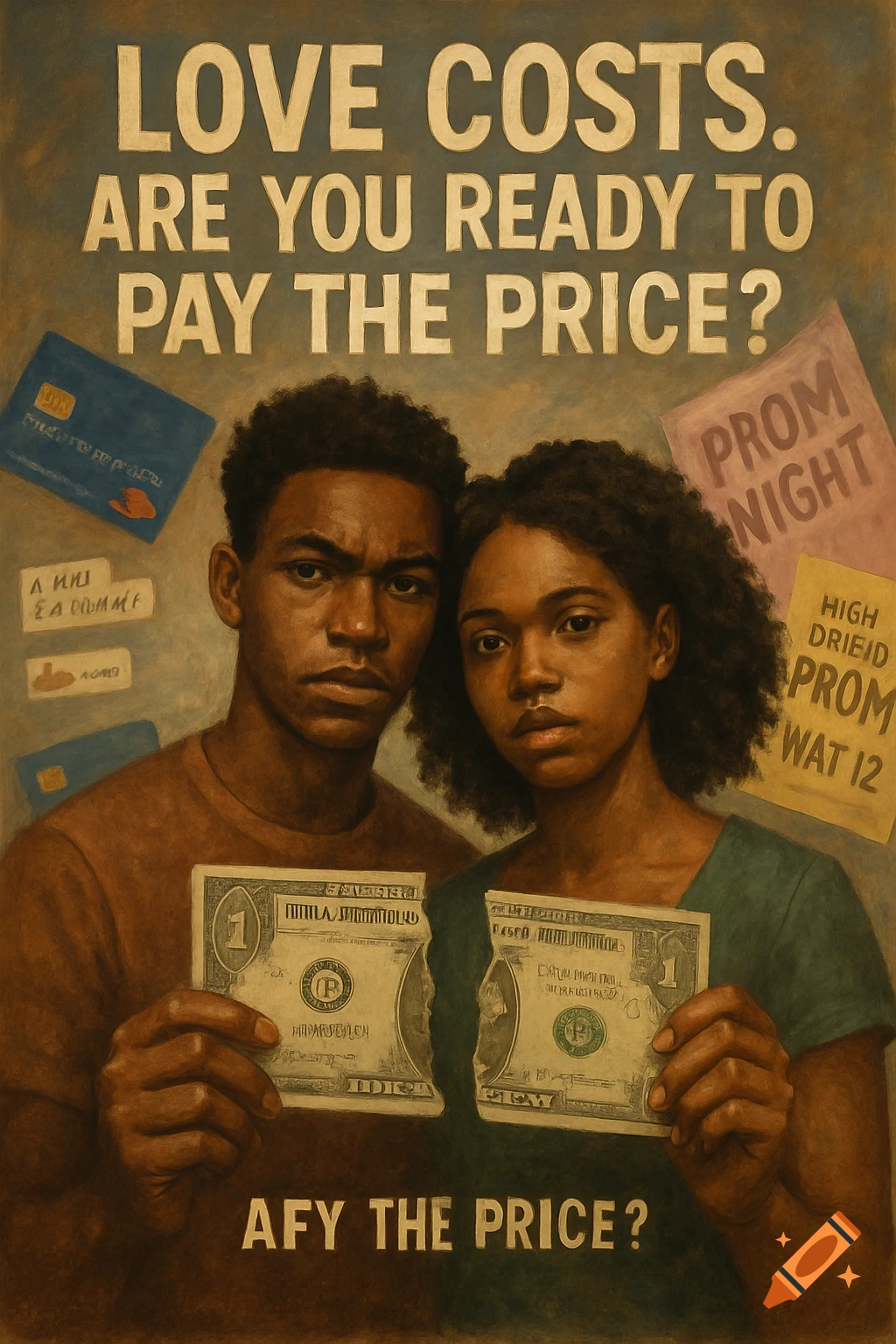 Painting of a young Black couple holding torn money with text about love costs and credit cards.