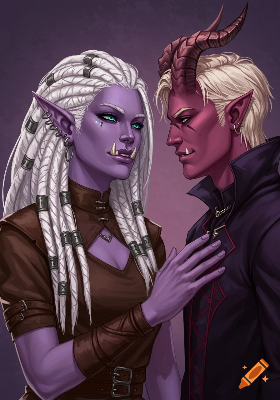 A female half-orc with white dreadlocks and a male tiefling with red skin look at each other.