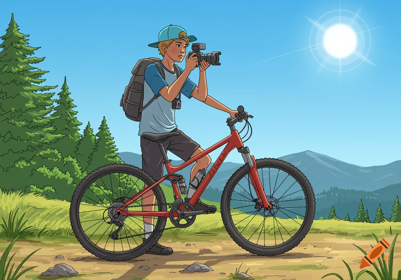 Cartoon drawing of a teenager on a mountain bike taking a photo on a sunny trail.