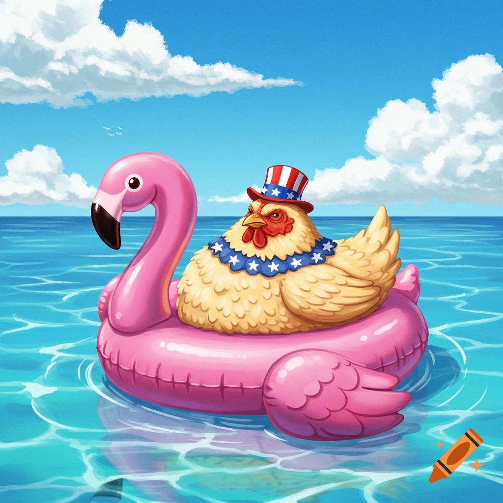 A proud chicken in a patriotic hat and collar floats on a pink flamingo tube in the sea, illustration style.