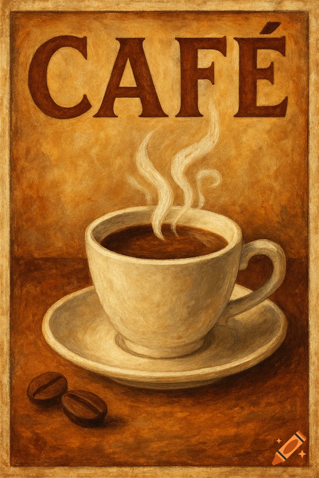 Textured poster with a steaming cup of coffee, coffee beans, and the word CAFÉ.