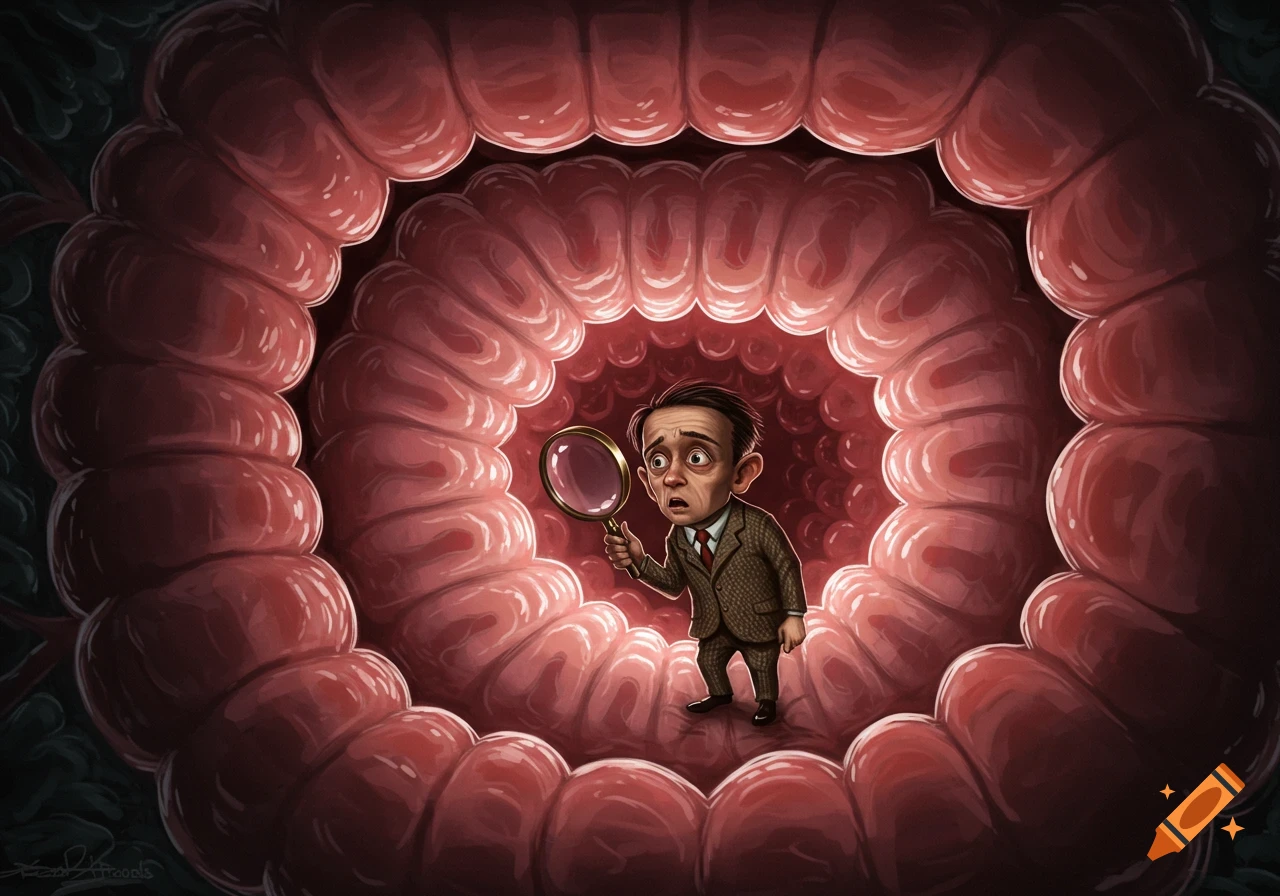 Cartoon illustration of a shrunken man with a magnifying glass exploring inside a giant intestine.