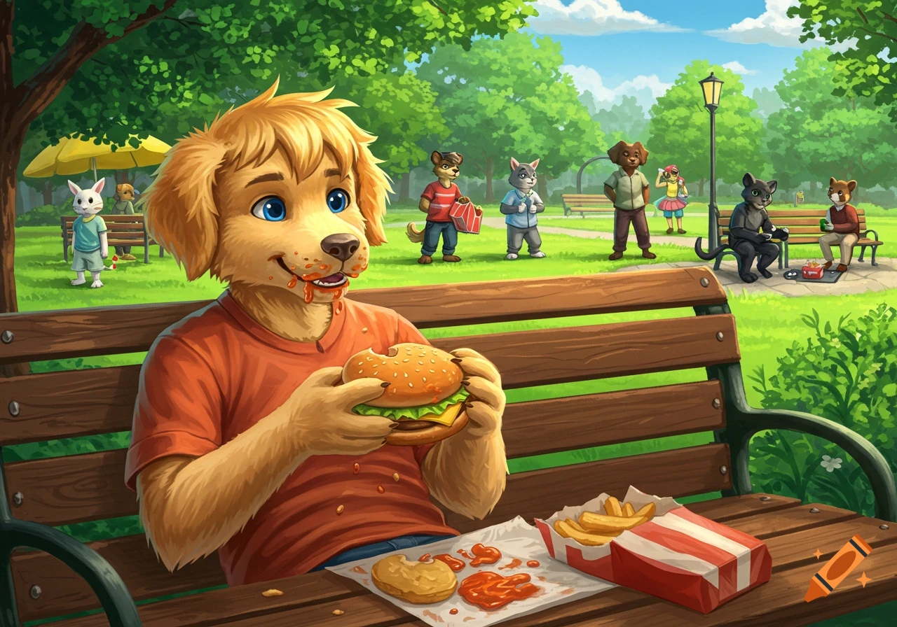 An anthropomorphic golden retriever boy eats a messy burger on a park bench with other animals in the background, illustration.