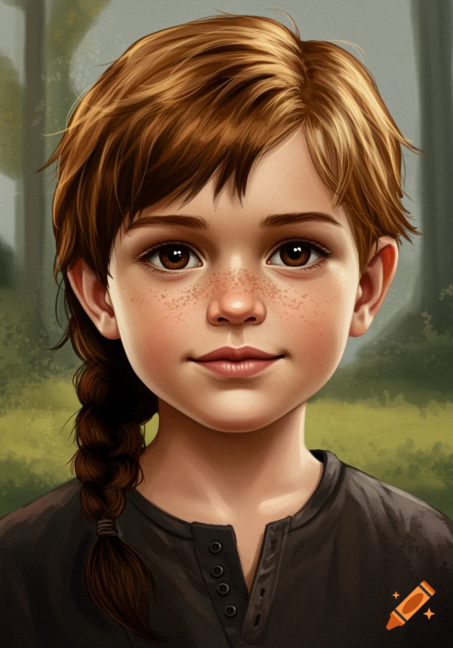 Portrait drawing of a young child with brown hair, freckles, and a braid.