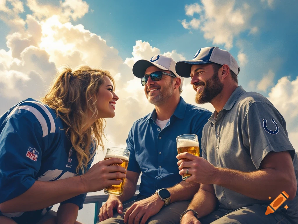 Three people smiling and drinking beer outdoors under a cloudy sky, one wearing an NFL jersey.