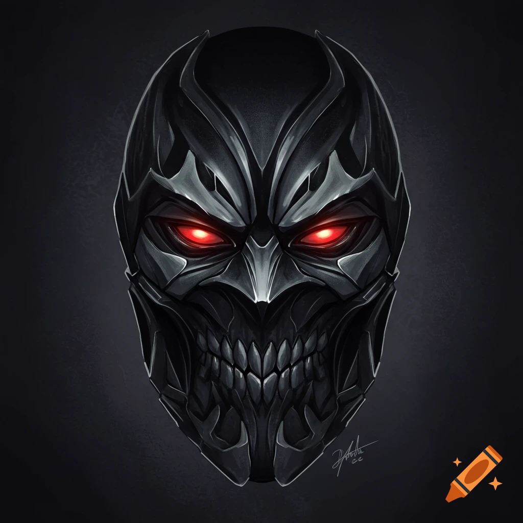 A dark, menacing metal mask with sharp details and glowing red eyes.