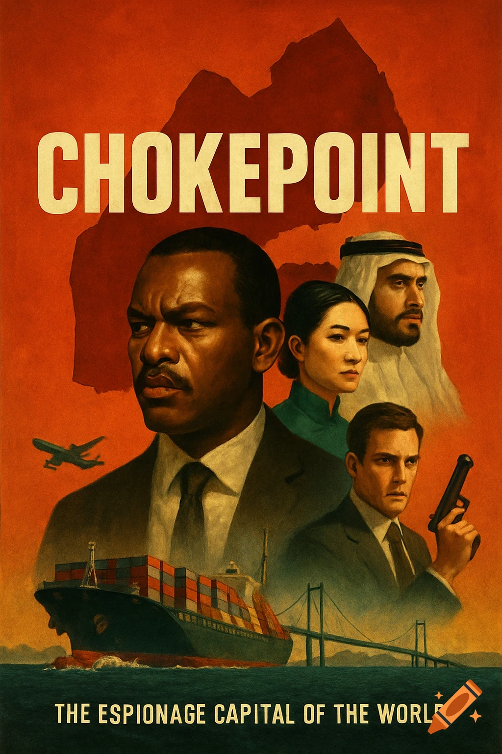 Movie poster for 'Chokepoint' featuring diverse characters, a cargo ship, plane, and bridge in a stylized illustration.